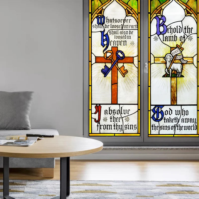 Window Film Frosted Stained Glass Films Door Sticker,Customized Crosses Static Cling Church Pattern for Office Home Decor