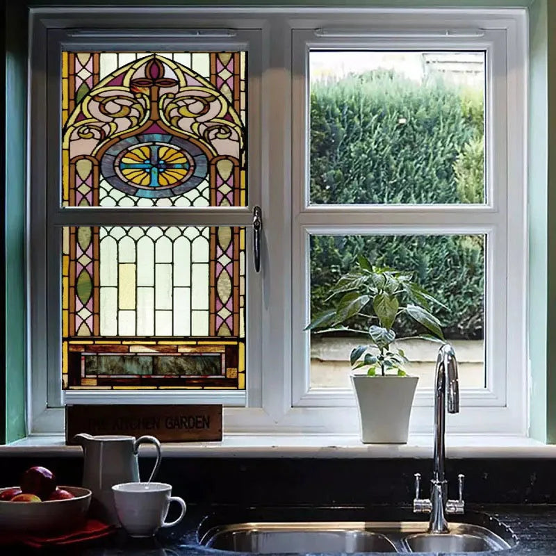 Gothic Rose Glass Window Film, Frosted Stained, Fake Window with Cross, Church Style Sticker, Can Do Custom Size