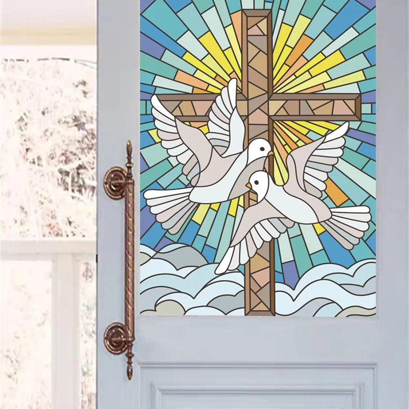 Frosted Stained Glass Window Film, Cross Dove Lily, Static Cling, Church, Home Decor, Bathroom, Kitchen, Door Sticker