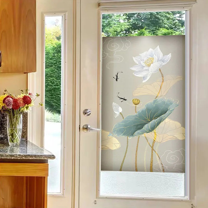 Stained Glass Door Stickers, Opaque Self-Adhesive, Lotus Poster for Kitchen, Bedroom, Bathroom, Customized Size