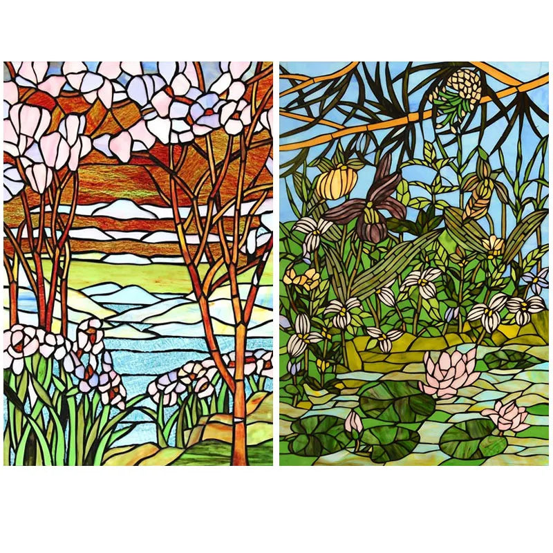 Custom Size Stained Glass Films,Frosted Privacy, Static Cling Poster, Retro Tree Scenic Color Printing Window Film Door Stickers
