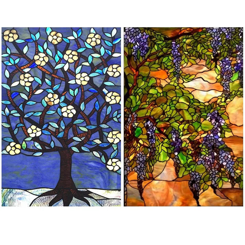 Custom Size Stained Glass Films,Frosted Privacy, Static Cling Poster, Retro Tree Scenic Color Printing Window Film Door Stickers