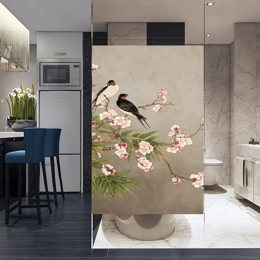 Custom size Window Film Stained Glass Films for Door Wardrobe Windows Office Home Decor Opaque Frosted Static Cling Floral Birds