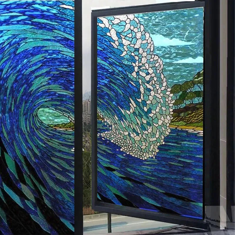Custom Glass Window Film Static Cling Frosted Blue Glass Films Foil Stickers Waterproof For Bathroom Kitchen Sea Wave Sailboat