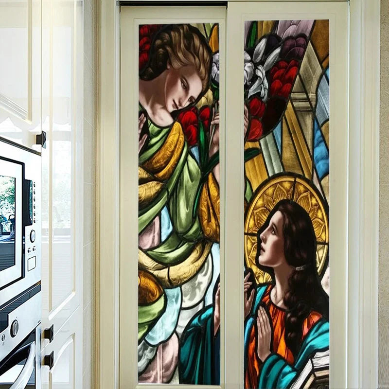 Custom size Stained Glass Retro Wndow Film Frosted Glass Sticker Frosted Church Virgin Mary Picture Poster Home Decor