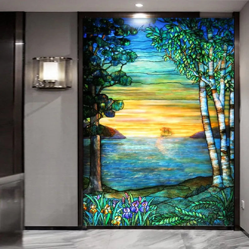 Glass Films Stained Window Film Translucent sticker self adhesive/Static Cling Paper Home decor Landscape painting Tree pattern