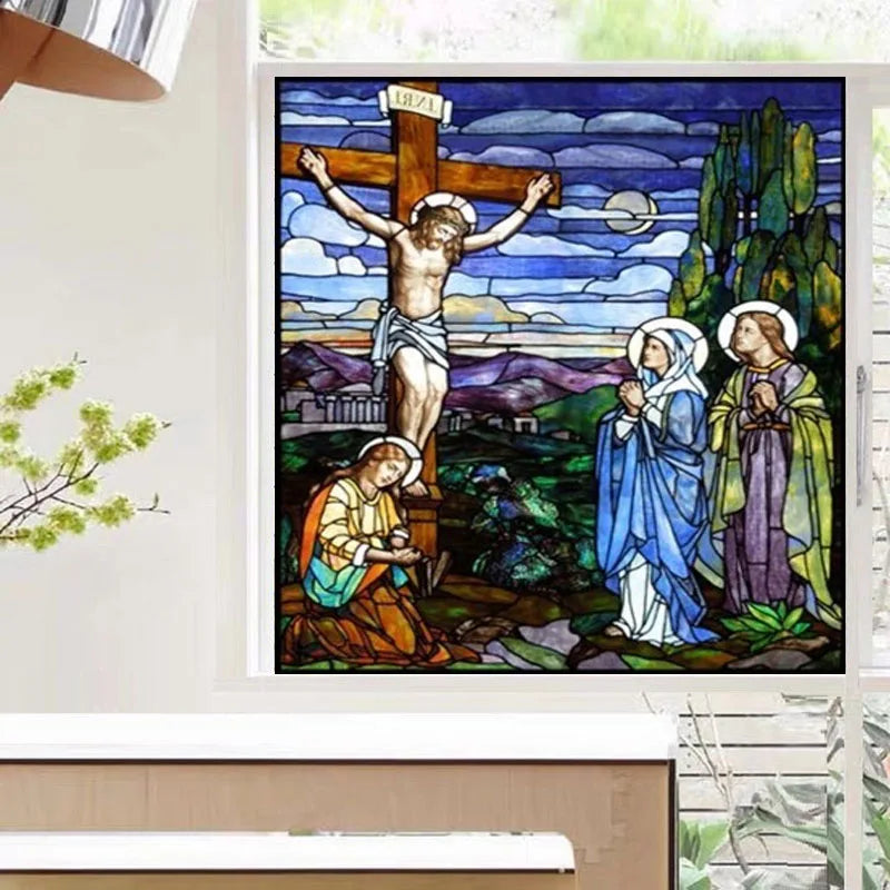 Customized Decorative Window Glass Film Self Adhesive/Static Cling Frosted Stained Continental Stickes Jesus Christ Cross