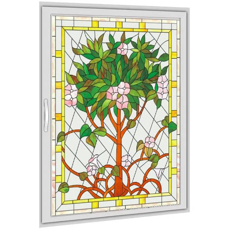 Custom Size Window Stained Glass Films,Static Cling Reusable Stickers Church Tree Poster, For Bathroom Kitchen Door Home Decor