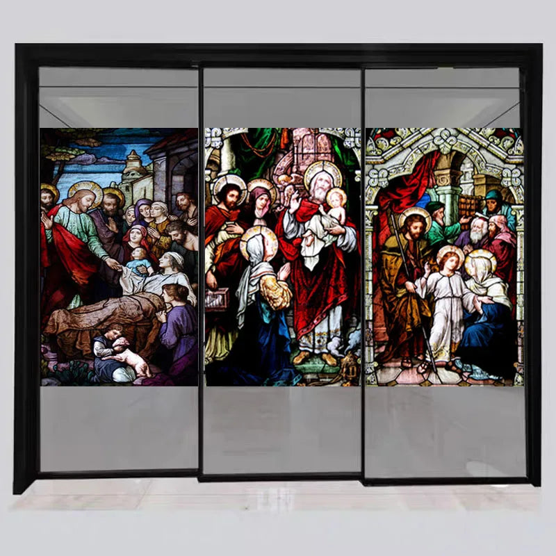 Decorative self adhesive frosted stained continental window film Crucifixion of Jesus/Christ God and the Virgin Mary