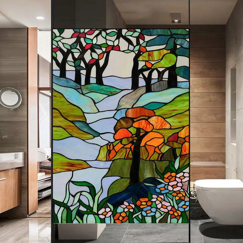 Static Cling Window Film Frosted Light-transparent Opaque Privacy Stained Glass Sticker Home Decor 3D Print Tree Retro Poster