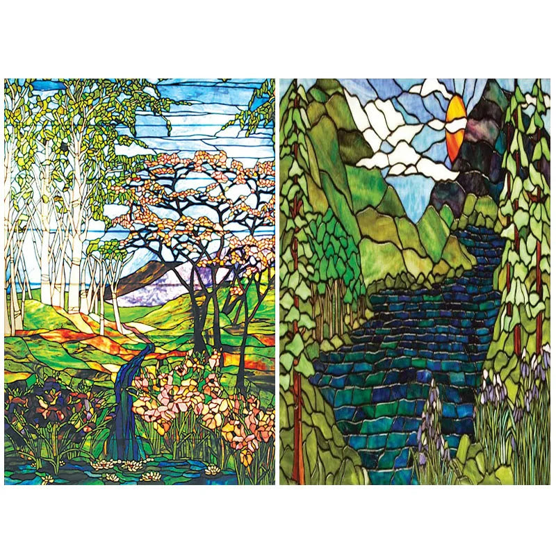 Custom Size Stained Glass Films,Frosted Privacy, Static Cling Poster, Retro Tree Scenic Color Printing Window Film Door Stickers