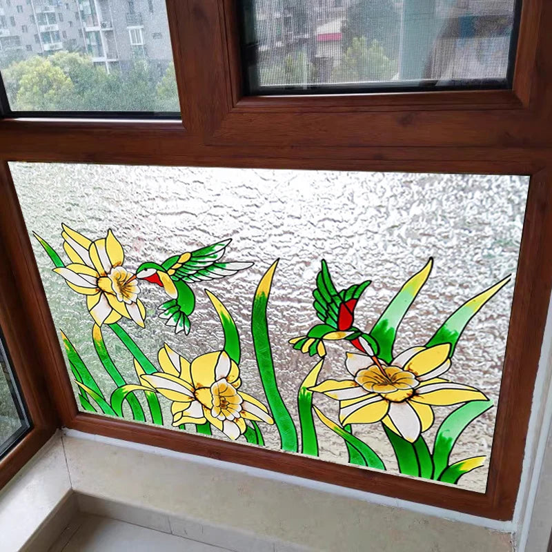 Customized size Windows Glass Films Stained Glass Door Stickers Frosted/3D Etched Flower Birds for Kitchen Office Bathroom