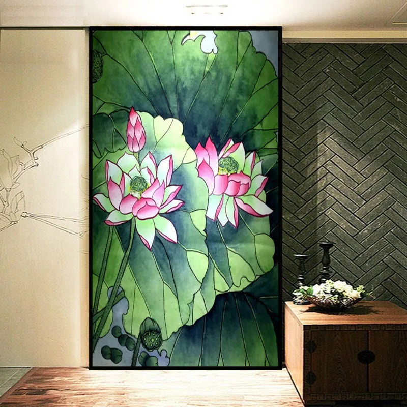 Stained Static Cling Window Film Frosted Light-transparent Opaque Privacy Glass Sticker Home Decor 3D Print Lotus Retro Poster