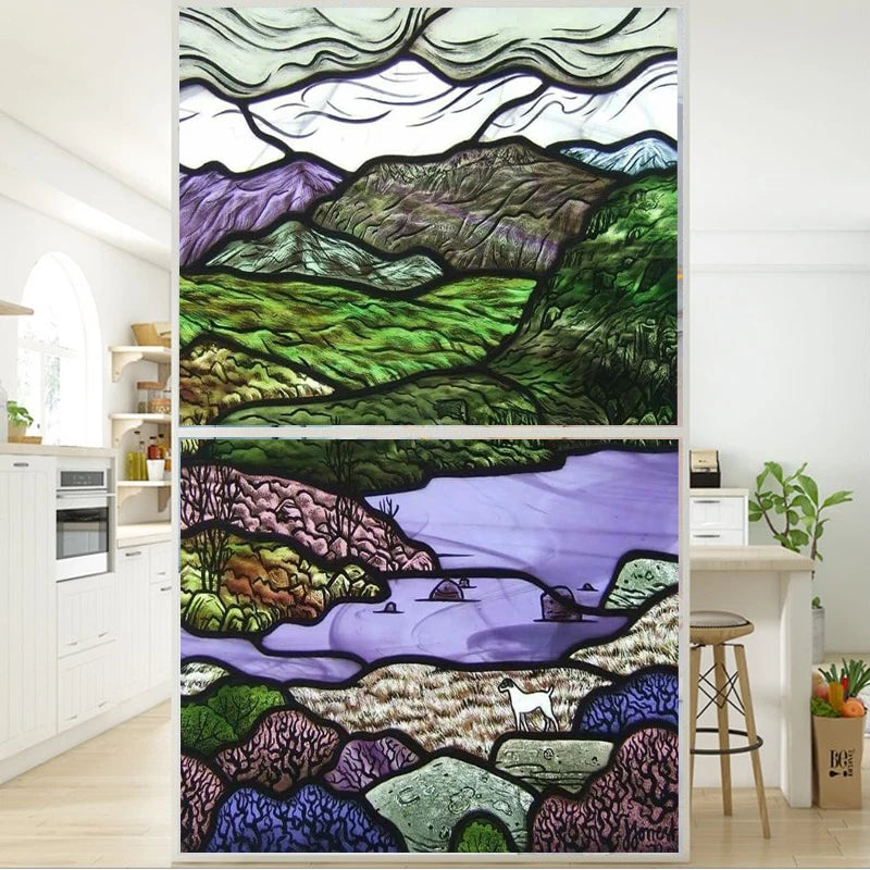 Customized Size Stained Glass Film Window Films Landscape Static Cling Frosted Sticker Bathroom Kitchen Cupboard Door Home Decor