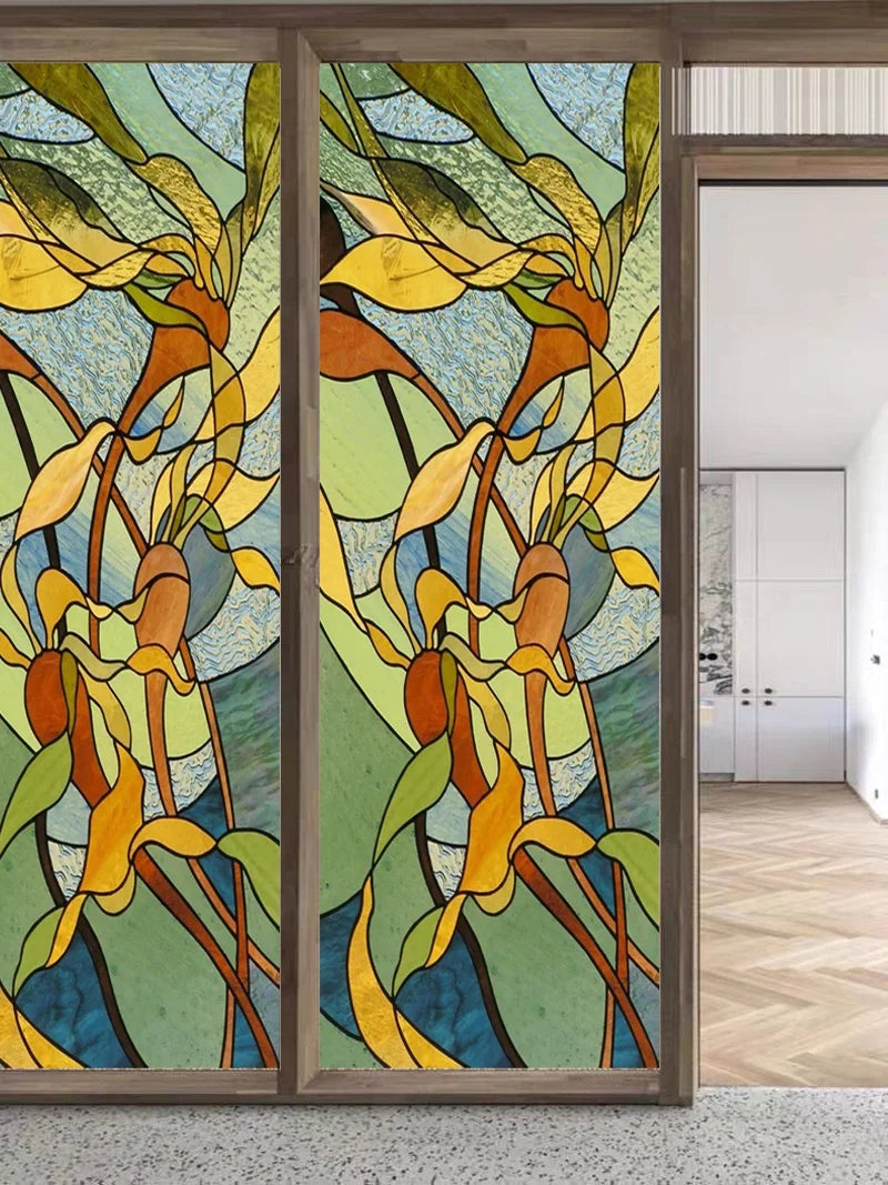 Custom Size Stained Glass Window Film Frosted Flower Glass Films Home Foil Door Stickers Bathroom Kitchen Static Cling Poster