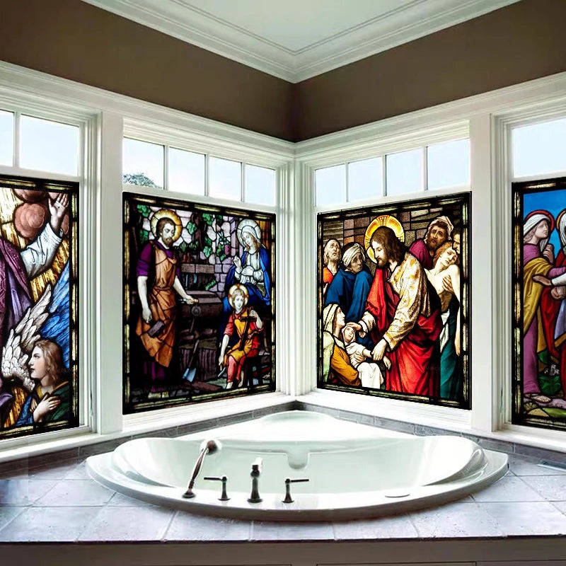 Custom Frosted Stained Glass Window Film,PVC Self-Adhesive Window Films,Retro Church Jesus Decor Foil Stickers, Window Treatment