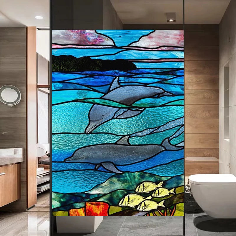 Custom Stained Glass Window Film Electrostatic Frosted Sticker, Home Foil Blue Stickers ,Waterproof for Bathroom Home Dolphin