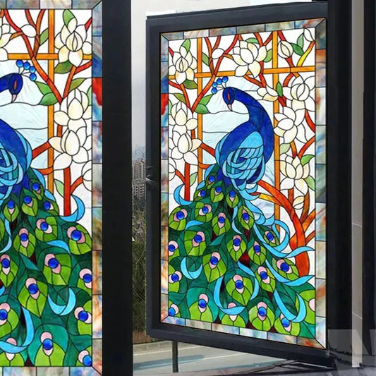 Custom Size Window Glass Films, Peacock Self Adhesive Static Cling, Home Decorative Frosted Privacy Stained, Retro Church Glass