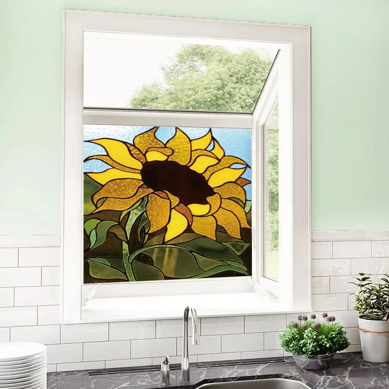 Custom Size Stained Glass Window Film, Frosted Sunflower Glass Films, Home Foil, Door Stickers, Bathroom Static Cling Poster