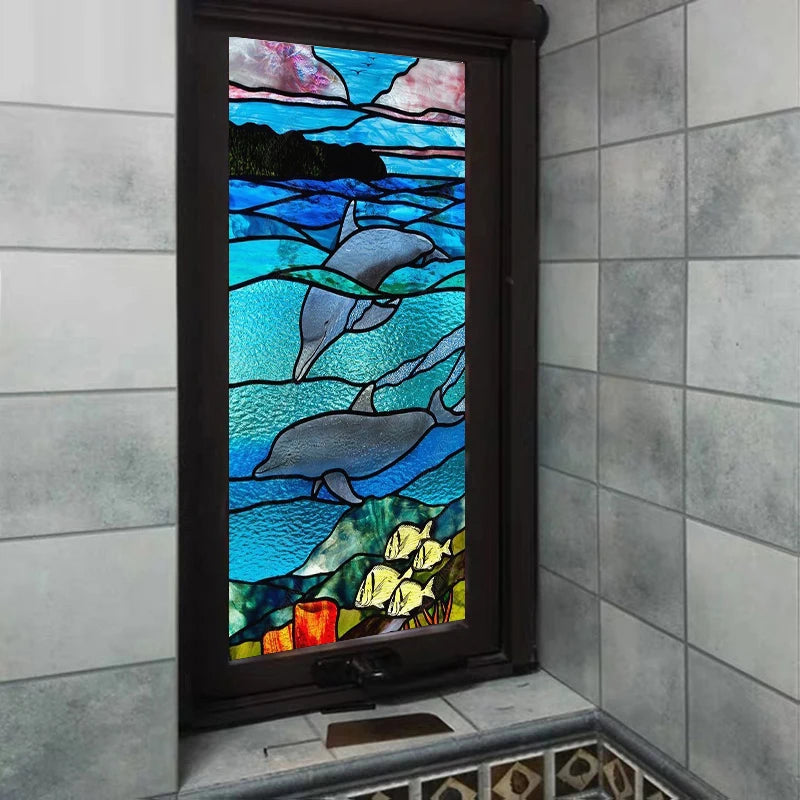 Custom Stained Glass Window Film Electrostatic Frosted Sticker, Home Foil Blue Stickers ,Waterproof for Bathroom Home Dolphin