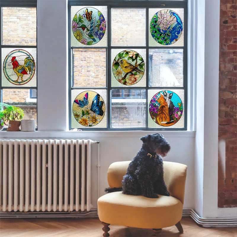 Custom 3D Frosted Stained Glass Window Film, Static Cling,Retro Church Jesus Birds Cat Home Decor Stickers Rose Window Treatment