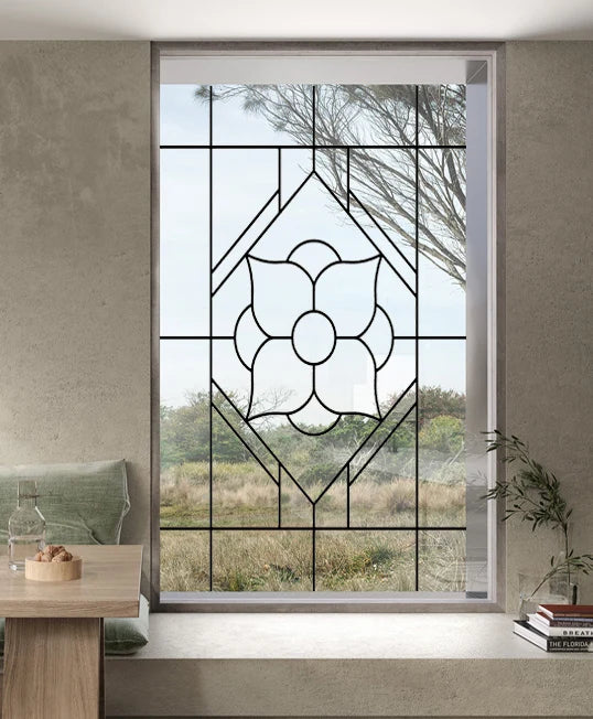 Stained Glass Window Film Transparent Glass Sticker Static Cling Iron Style Black Line Office Door Anticollision Home Decor