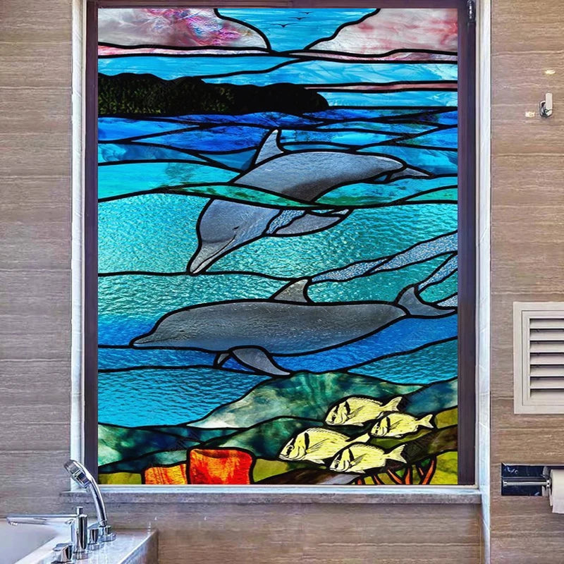 Custom Stained Glass Window Film Electrostatic Frosted Sticker, Home Foil Blue Stickers ,Waterproof for Bathroom Home Dolphin