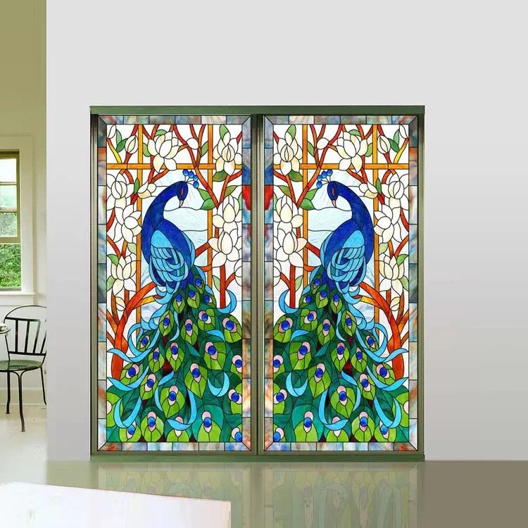 Custom Size Window Glass Films, Peacock Self Adhesive Static Cling, Home Decorative Frosted Privacy Stained, Retro Church Glass