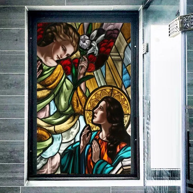 Custom size Stained Glass Retro Wndow Film Frosted Glass Sticker Frosted Church Virgin Mary Picture Poster Home Decor