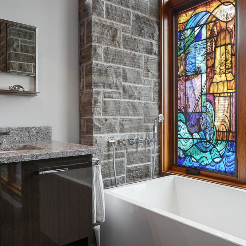 Custom Size Stained Glass Window Film Decorative Frosted Privacy Sticker Non Adhesive Static Cling Removable Retro Village Life