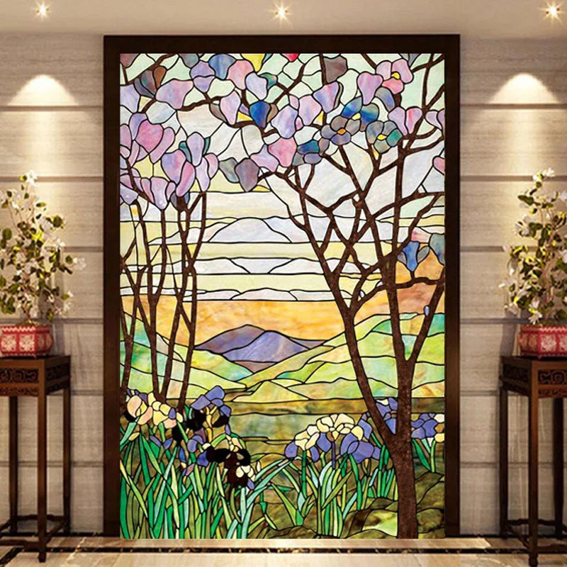 Glass Films Stained Window Film Translucent sticker self adhesive/Static Cling Paper Home decor Landscape painting Tree pattern