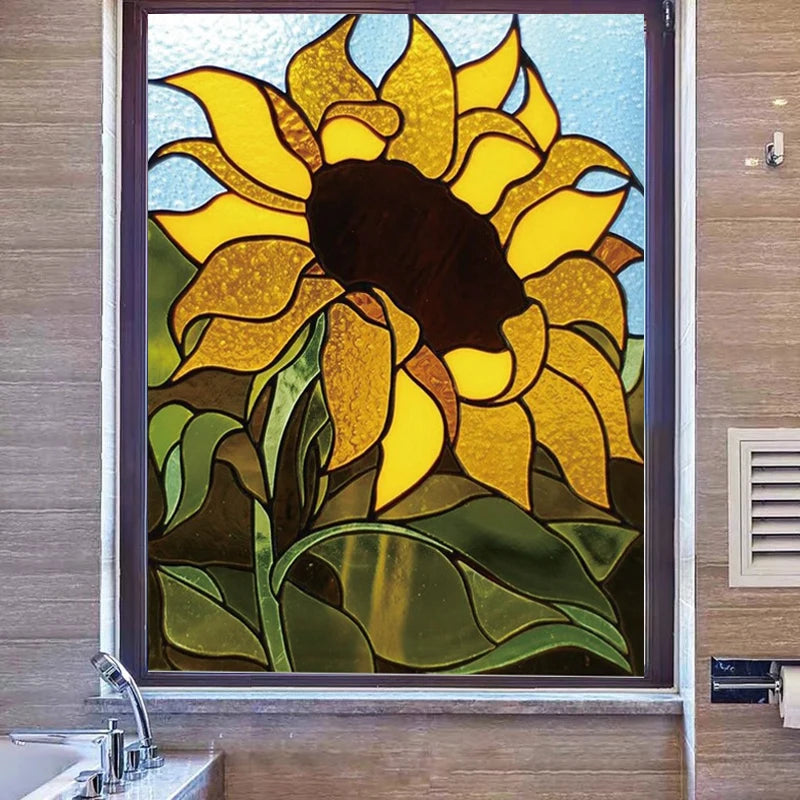 Custom Size Stained Glass Window Film, Frosted Sunflower Glass Films, Home Foil, Door Stickers, Bathroom Static Cling Poster
