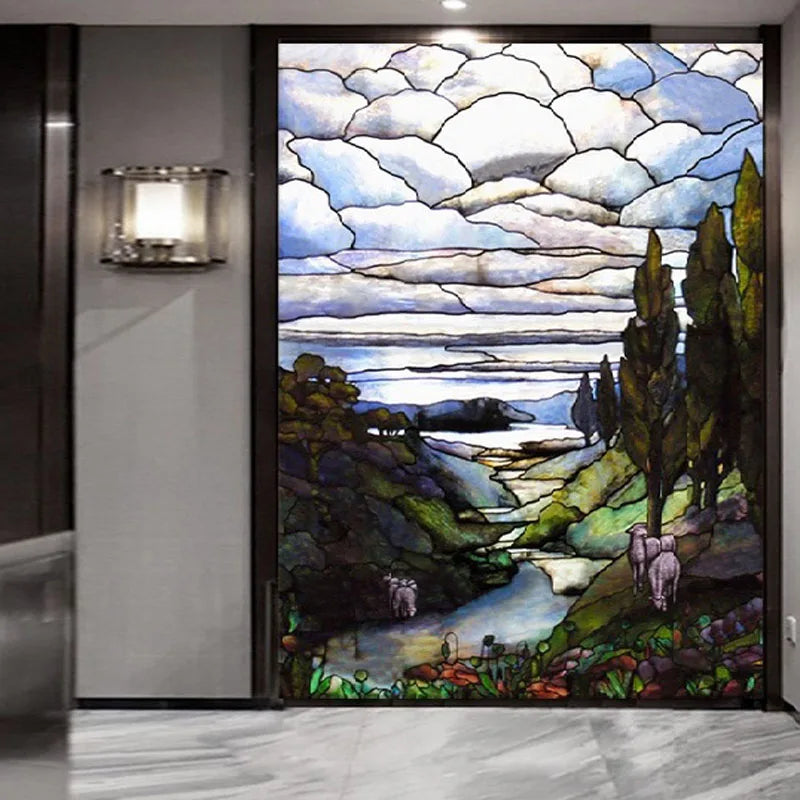 Glass Films Stained Window Film Translucent sticker self adhesive/Static Cling Paper Home decor Landscape painting Tree pattern