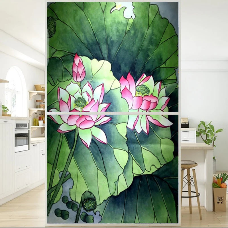 Stained Static Cling Window Film Frosted Light-transparent Opaque Privacy Glass Sticker Home Decor 3D Print Lotus Retro Poster