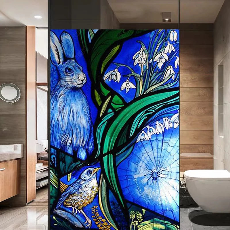 Custom Stained Glass Window Film Static Cling Frosted Sticker, Home Foil Blue Stickers ,For Bathroom Kitchen Home Decor Rabbit