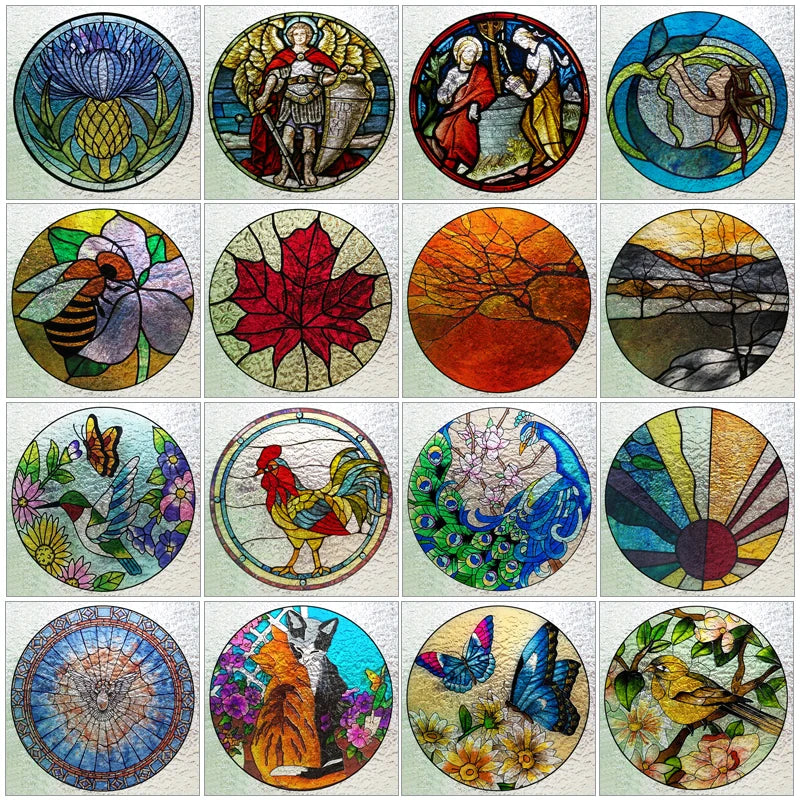 Custom 3D Frosted Stained Glass Window Film, Static Cling,Retro Church Jesus Birds Cat Home Decor Stickers Rose Window Treatment