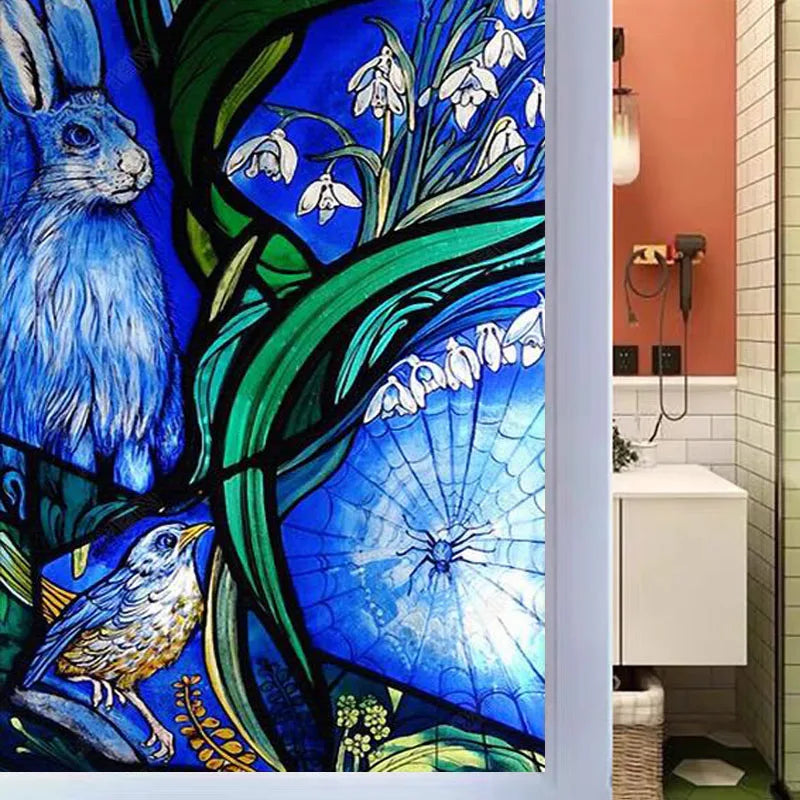 Custom Stained Glass Window Film Static Cling Frosted Sticker, Home Foil Blue Stickers ,For Bathroom Kitchen Home Decor Rabbit