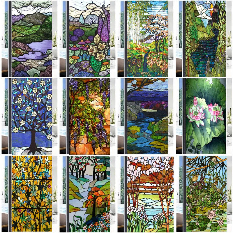 Custom Size Stained Glass Films,Frosted Privacy, Static Cling Poster, Retro Tree Scenic Color Printing Window Film Door Stickers