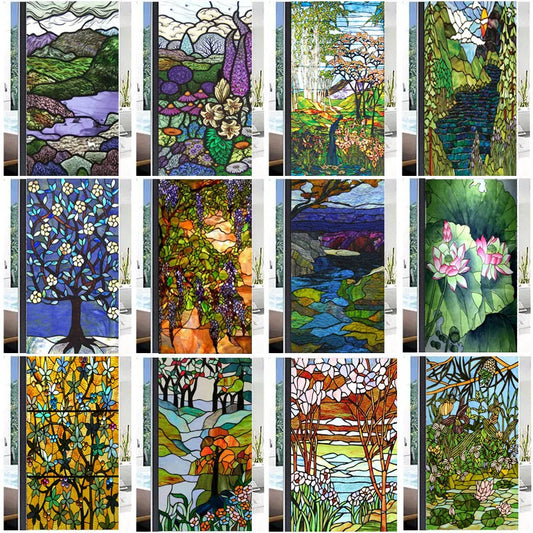 Custom Size Stained Glass Films,Frosted Privacy, Static Cling Poster, Retro Tree Scenic Color Printing Window Film Door Stickers