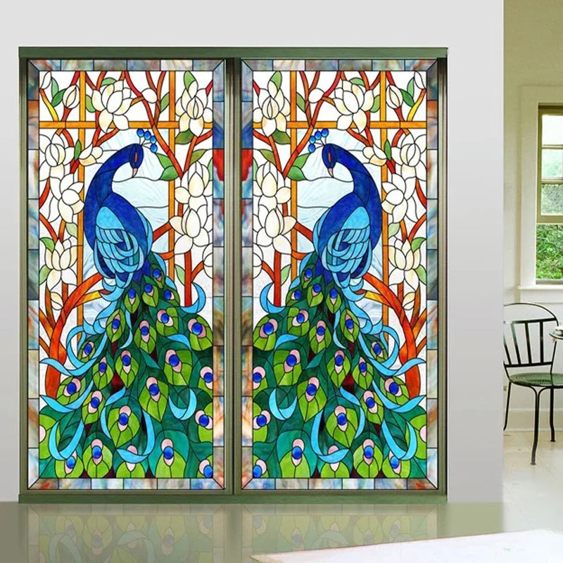 Customized Size No Glue Static Cling Frosted Stained Glass Film Window Films Sticker for Bathroom Door Home Decor Church Peacock