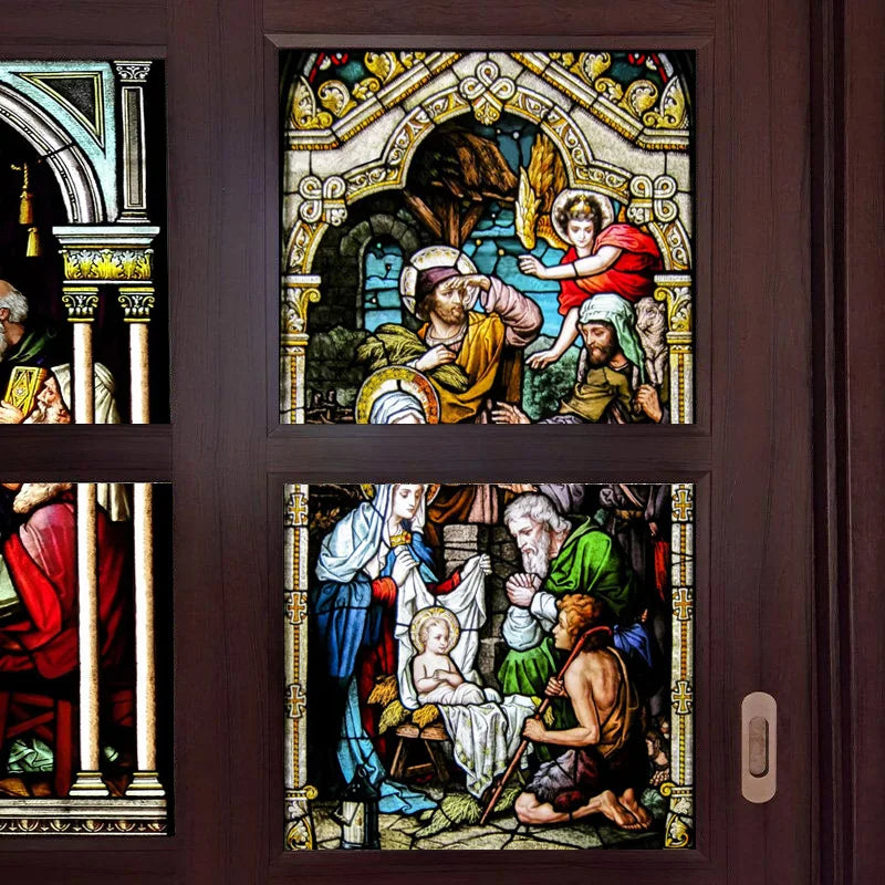 Frosted Stained Glass Window Film, Customized Jesus Virgin Mary Church Picture,Static Cling Door Stickers for Home Office