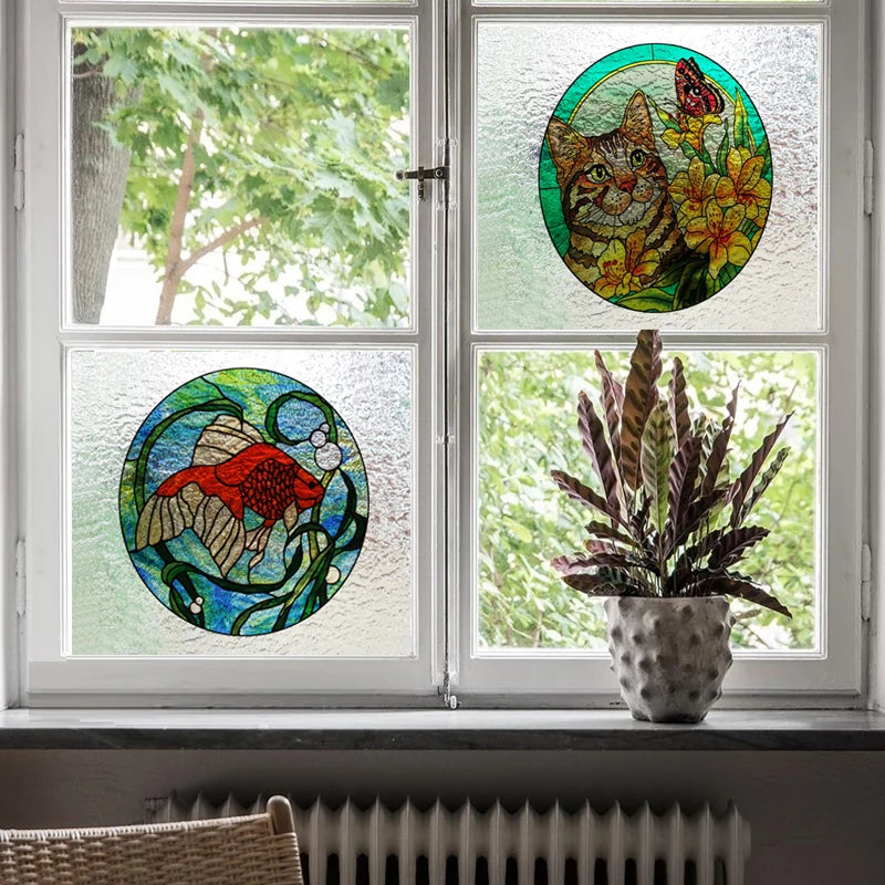 Custom 3D Frosted Stained Glass Window Film, Static Cling,Retro Church Jesus Birds Cat Home Decor Stickers Rose Window Treatment