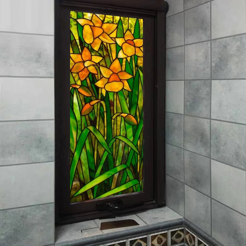 European Church Mosaic Art Glass Film Stained Window Opaque Sticker Self Adhesive/Static Cing Decor Privacy Custom Size Daffodil