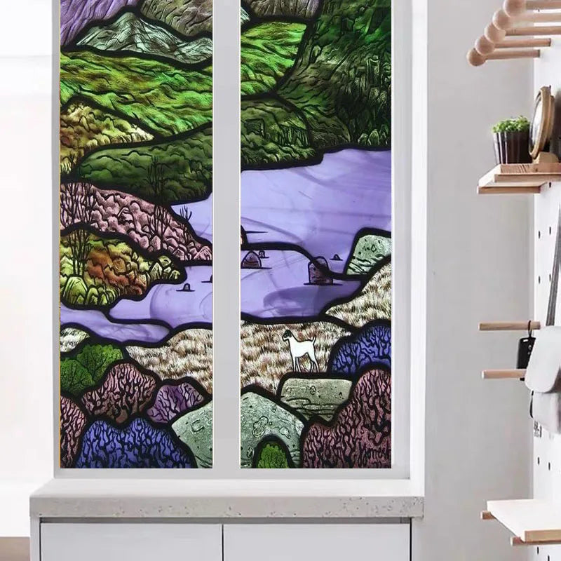 Customized Size Stained Glass Film Window Films Landscape Static Cling Frosted Sticker Bathroom Kitchen Cupboard Door Home Decor