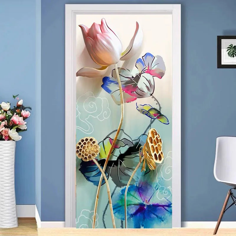 Customized size 3D Windows Glass Film Door Stickers modern sticker Art opaque static cling Lotus