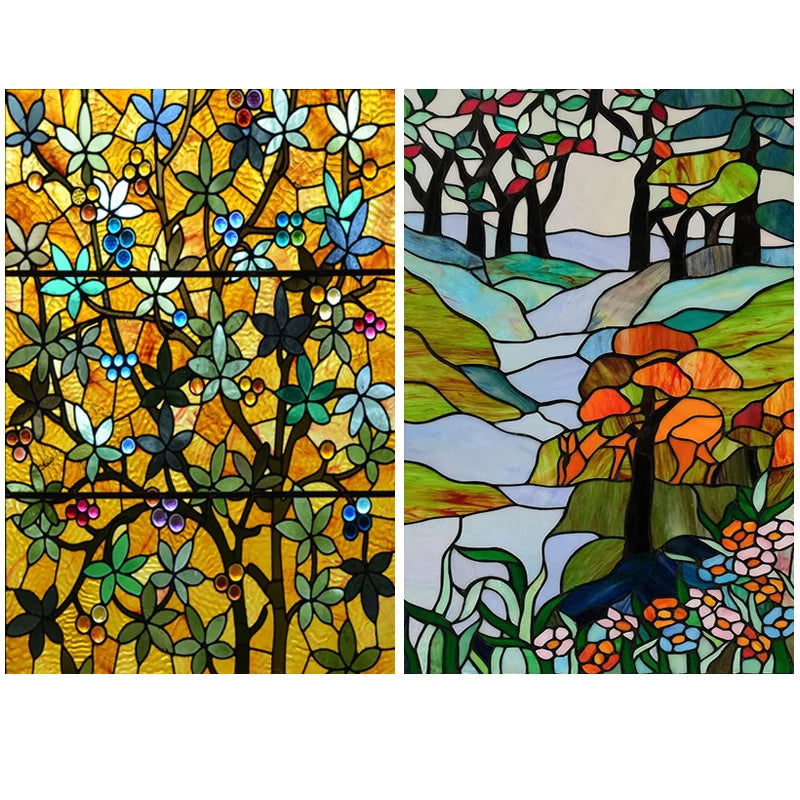 Custom Size Stained Glass Films,Frosted Privacy, Static Cling Poster, Retro Tree Scenic Color Printing Window Film Door Stickers