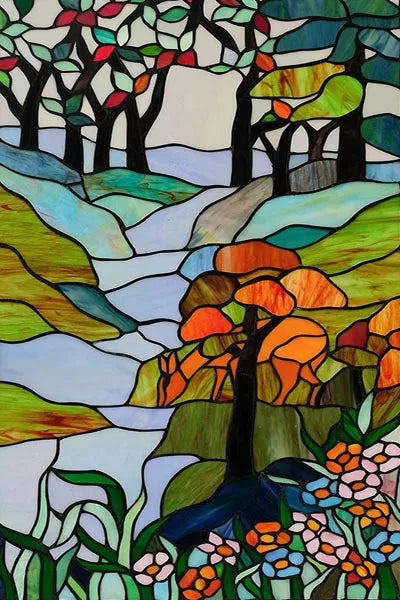 Custom Size Stained Glass Films,Frosted Privacy, Static Cling Poster, Retro Tree Scenic Color Printing Window Film Door Stickers