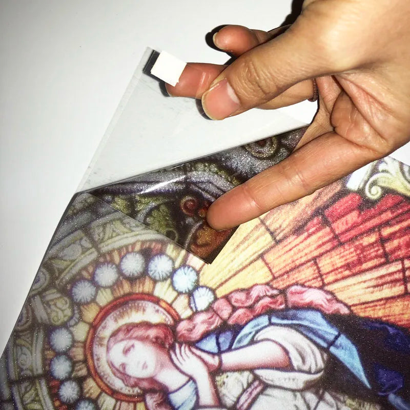 Decorative self adhesive frosted stained continental window film Crucifixion of Jesus/Christ God and the Virgin Mary