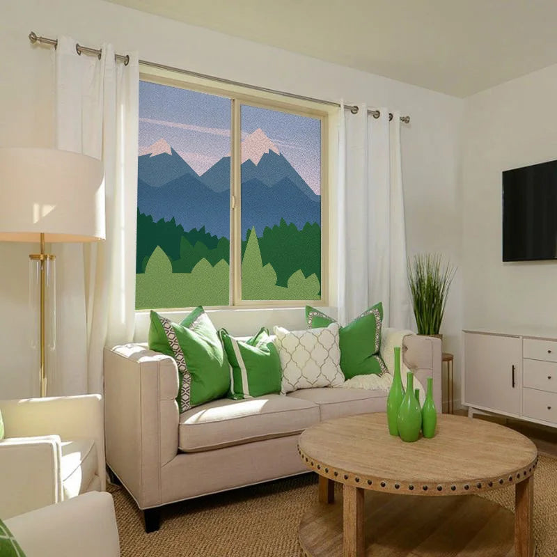 Stained Glass Wndow Films,Frosted Glass Sticker,Static Cling,for Bathroom Kiechen Door Office Home Decor Custom size Mountain