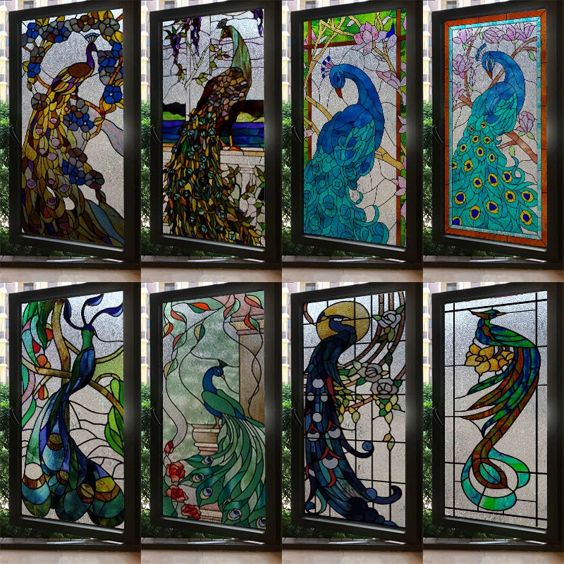 Custom Size 3D Matte Window Film, Stained Glass, Decorative UV Window Sticker, Privacy Frosted Static Cling, Home Decal,Peacock